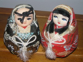 Vintage Lot of 2 Black &amp; Red Roly Poly Asian Geisha Dolls – 5 inches tall x 3 in - £9.64 GBP