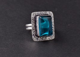 Rhodium Polished Handmade Square Teal Sapphire Women Elegant Designer Ring - £17.82 GBP+
