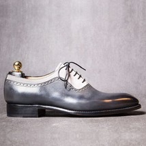 New Men&#39;s Handmade Shoes, Classic Oxfords Gray White Leather Lace Up Dress Shoes - £115.45 GBP
