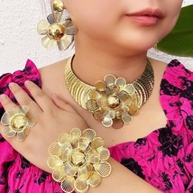 Dubai Gold Plated Jewelry Sets For Women Flower Necklace Earrings Charm Bracelet - £63.50 GBP