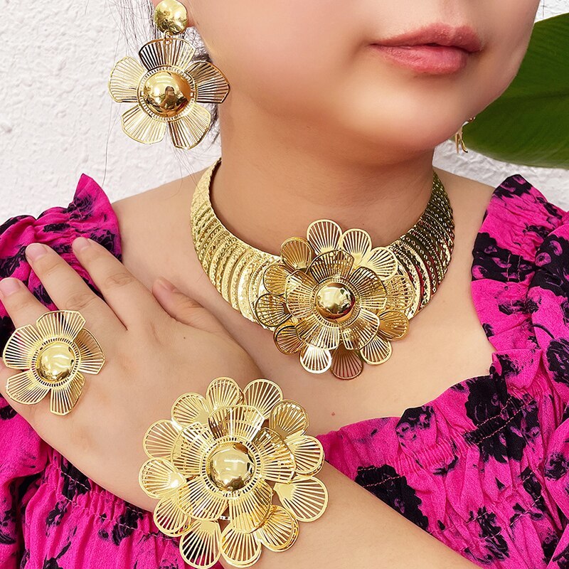Dubai Gold Plated Jewelry Sets For Women Flower Necklace Earrings Charm Bracelet - £63.27 GBP