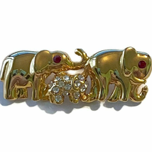 Elephant Family Brooch Asian Trunk Up Good Luck Pin Gold Tone Jewelry Fa... - $9.87