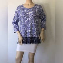 ISAAC MIZRAHI Live Blue/White Scroll Print Embroidered Button Tunic Top ... - £15.94 GBP