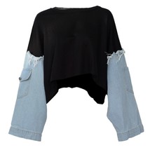 [EWQ] Streetwear Loose Fit Black Denim work Short Sweatshirt New O Neck Long Sle - £93.95 GBP