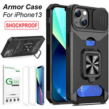 Iphone 13 Black Armor Case Camera Cover&amp; Rotate Ring Protective Case+ 2Pcs Film - £37.62 GBP