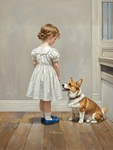 Art Giclee Oil Painting girl,dog, dress, shoes, facing the wall #06 - £6.74 GBP+