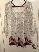 Rewind Womens Tunic Top White Black Damask Puff Sleeve Keyhole Neck Lace... - $9.90