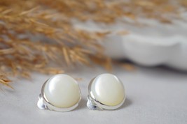 Mother of pearl clip on earrings silver, 12mm, White pearl, Stainless steel, Pea - $31.90