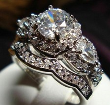 Engagement Wedding Ring Set 3.25Ct Round Cut Diamond Solid 14K White Gold Size 9 - £219.84 GBP