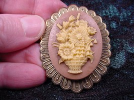 CM46-6 Flower Basket ivory + mauve pink CAMEO Pin pendant Jewelry BROOCH bouquet - £27.23 GBP