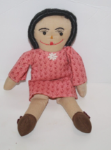 Folk Art Rag Doll 10&quot; Black Hair Bead Eyes Pink Dress Tan Skin Soft Toy Plush - £19.00 GBP