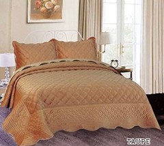 MICHELLE SUPER SOFT PLUSH EMBROIDERY BEDSPREAD SET 3 PCS QUEEN SIZE (TAUPE) - $59.39
