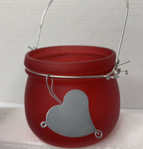 Red Frosted Glass Jar With Metal Handle Metal Heart Candy Dish Or Candle Holder - £6.38 GBP