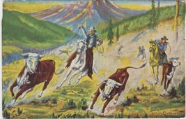 Dude Larsen Gathering Wild Cattle 1939 Postcard Old Vintage Cowboys Horses - £2.34 GBP