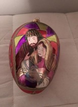 Ornament Holy Family Floral Glitter Double Sided Oval 5&quot; Glass Christmas... - £13.02 GBP