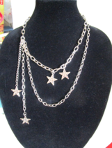 Retro Long Bib Chain Necklace Stars Dangle 1980s Unique 4 Strand Silver Tone - £6.30 GBP