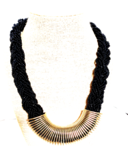 Vintage Black Braided Seed Bead and gold color 18&quot; Necklace - £18.33 GBP