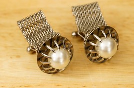 Vintage Mens Jewelry Cuff Links Faux Pearl MCM Mesh Wrap Silver Tone Metal - $24.74