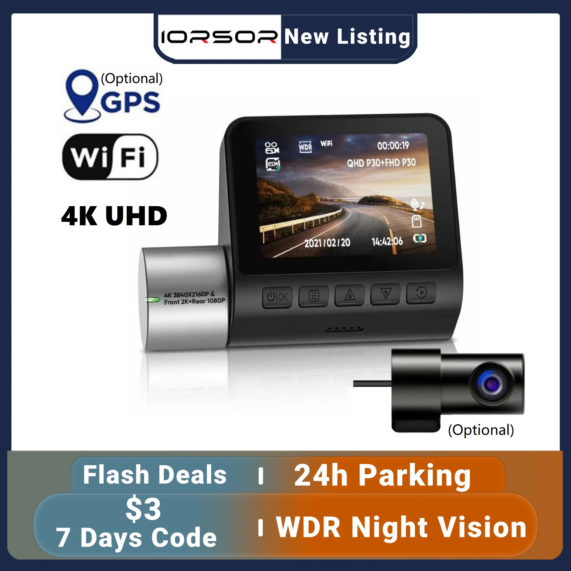 Dashcam 4K GPS Wifi 24h Parking Monitor Dash Cam for Car Dual Camera Front and - £73.67 GBP+