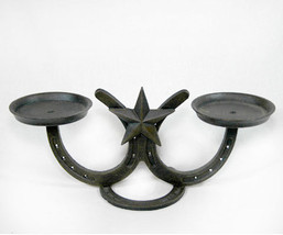 Country Western Iron Horseshoe and Star Double Candle Holder - £14.84 GBP