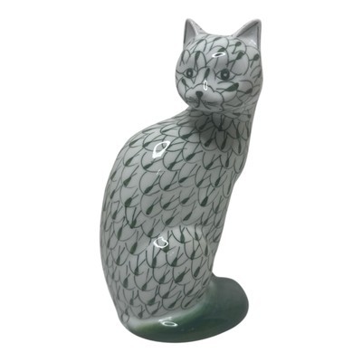 Andrea By Sadek Hand Painted Porcelain Green Fishnet Cat Figurine Vintage - $15.00