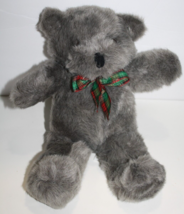 Plush 4 Play Teddy Bear 15&quot; Gray Plush Soft Toy Red Green Plaid Bow Stuffed Grey - £30.35 GBP