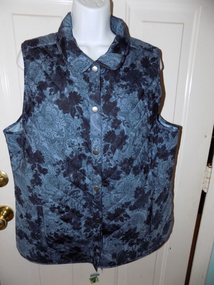 Primary image for J. Jill Puffer Vest Sleeveless Snap Front Blue Floral Lightweight Size L Women's