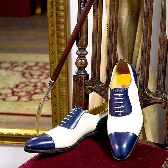 Oxford Two Tone Blue White Derby Rounded Cap Toe Leather Lace Up Shoes US 7-16