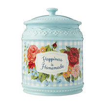 Pioneer Woman Happiness Is Homemade Stoneware Cookie Jar Blue Checks Flo... - $42.97