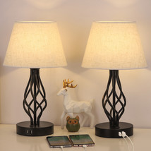 Set Of 2 Traditional Table Beside Lamps 2 Usb Charging Ports Drum Shade - $89.99