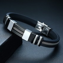 Vnox Stainless Steel Bracelet Men Wrist Band Black Grooved Rudder Silicone Mesh  - £10.50 GBP