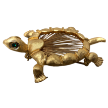 VTG Gold Tone Monet Turtle Brooch Pin w/ Rhinestone Green Eyes 2&quot; X 1.5&quot; - $98.99