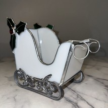 Leaded Stained Glass Sleigh Holiday Candle Holder Holly Candy Dish Plant... - £48.30 GBP