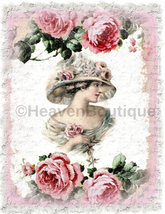 Shabby Edwardian Fashion Woman Print Pink Roses Romantic Art Cottage Chic Décor - £21.97 GBP