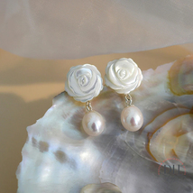 Pearl Drop Bridal Earrings, Natural Pearl Shell Flower Earring Bride Bridesmaids - £31.92 GBP