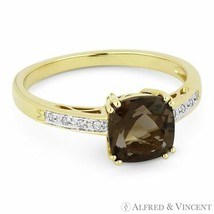 1.40ct Cushion Cut Smoky Topaz Round Diamond Right Hand Ring in 14k Yellow Gold - £378.56 GBP