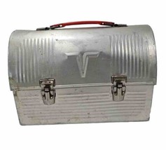 Thermos Brand Products V Silver Aluminum Dome Lunch Box Red Handle Vtg - £15.87 GBP