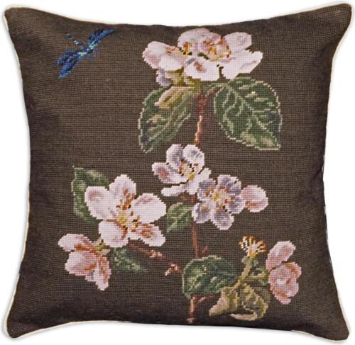 Primary image for Throw Pillow Needlepoint Apple Blossom 18x18 Cotton Velvet Back Wool Handmade