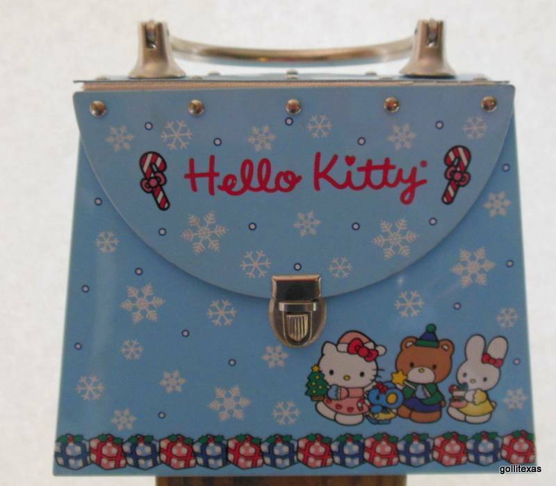 Primary image for Vintage Hello Kitty Metal Purse Christmas Blue 5 x 6.5 x 3" Plus Handle