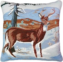 Pillow Throw Needlepoint Winter Deer 18x18 Green Gold Blue Brown White Wool - £239.00 GBP