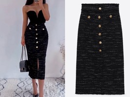 Zara Nwt Textured Weave Midi Skirt Black Gold Buttons - £66.52 GBP