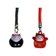 Set Of 2 Lucky Cat Bell Charm Red Black Maneki Neko Mobile Cell Phone Strap New - £5.42 GBP