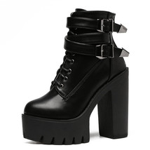 Spring Autumn Fashion Women Boots High Heels Platform Buckle Lace Up Leather Sho - £57.98 GBP