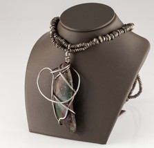 Sterling Silver Beaded Necklace with Large Wire-Suspended Tumbled Turquoise - £428.66 GBP