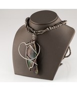 Sterling Silver Beaded Necklace with Large Wire-Suspended Tumbled Turquoise - £420.68 GBP