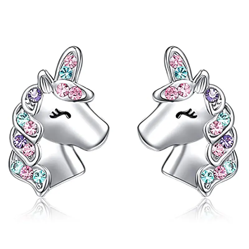 New Cute Unicorn Stud Earrings for Little Girl Kids Crystal Cat Butterfly Rainbo - £11.71 GBP