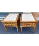 Pair of Side Tables Mid Century Danish Modern Marble Top Inserts Solid Wood - $495.00