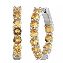 14K Oro Blanco Chapado Plata Corte Redondo Citrino Dentro-Fuera Aro Pendientes - £73.24 GBP