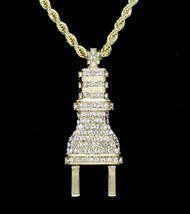 Icy CZ Plug Pendant 14k Gold Plated 24&quot; Rope Necklace Hip Hop Fashion - £7.61 GBP