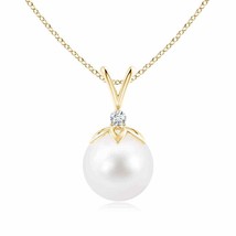 Freshwater Cultured Pearl V-Bale Pendant with Diamond in 14K Yellow Gold - £289.73 GBP